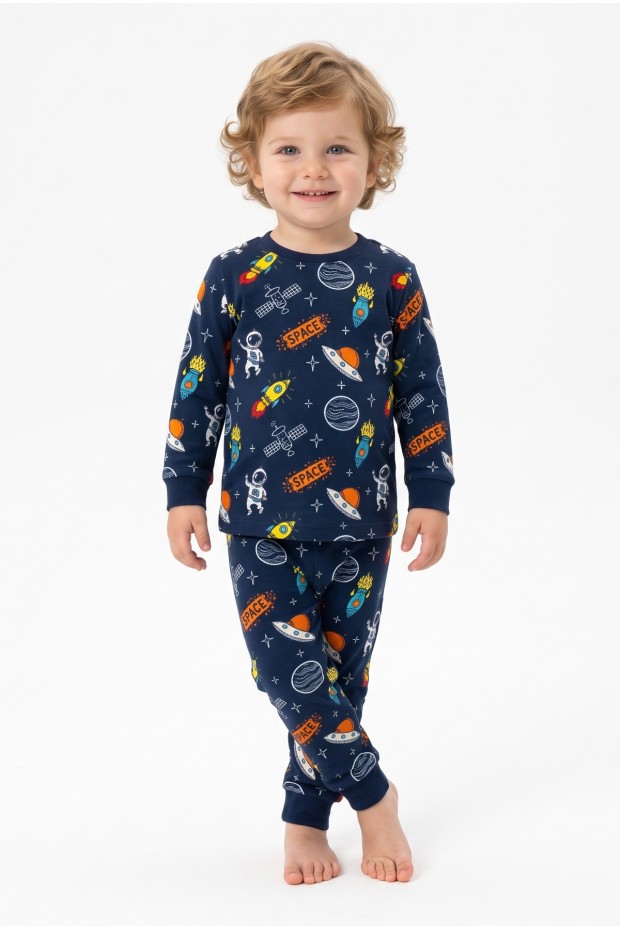Erkek Bebek Uzay Temalı Roket ve Gezegen Baskılı  %100 Pamuk Reaktif Boyama İnterlok Kumaş Uzun Kollu Pijama Takımı