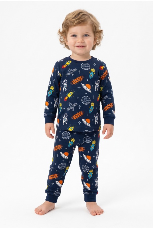 Erkek Bebek Uzay Temalı Roket ve Gezegen Baskılı  %100 Pamuk Reaktif Boyama İnterlok Kumaş Uzun Kollu Pijama Takımı