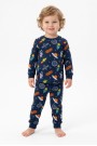 Erkek Bebek Uzay Temalı Roket ve Gezegen Baskılı  %100 Pamuk Reaktif Boyama İnterlok Kumaş Uzun Kollu Pijama Takımı