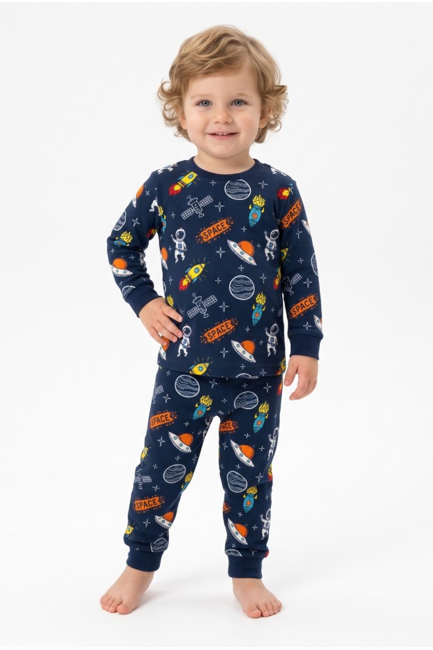 Erkek Bebek Uzay Temalı Roket ve Gezegen Baskılı  %100 Pamuk Reaktif Boyama İnterlok Kumaş Uzun Kollu Pijama Takımı