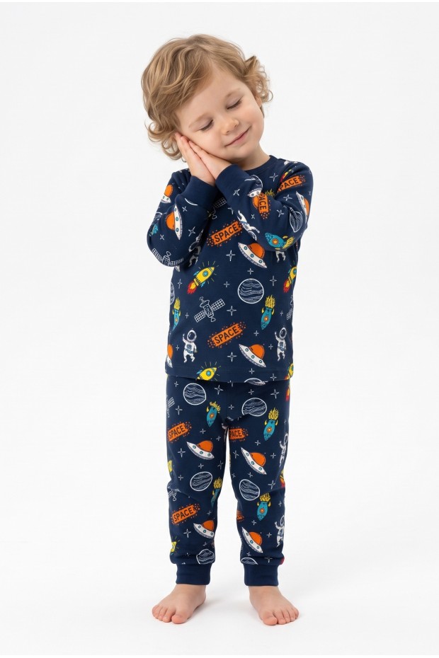 Erkek Bebek Uzay Temalı Roket ve Gezegen Baskılı  %100 Pamuk Reaktif Boyama İnterlok Kumaş Uzun Kollu Pijama Takımı