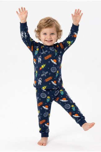 Erkek Bebek Uzay Temalı Roket ve Gezegen Baskılı  %100 Pamuk Reaktif Boyama İnterlok Kumaş Uzun Kollu Pijama Takımı