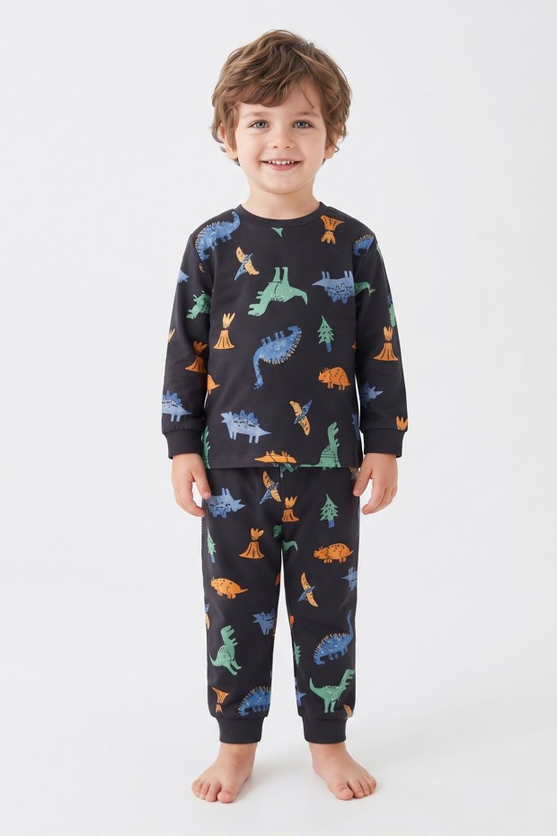 Erkek Bebek Dinozor Desenli %100 Pamuk Süprem Kumaş Reaktif Boyama Uzun Kollu Pijama Takımı 