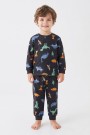 Erkek Bebek Dinozor Desenli %100 Pamuk Süprem Kumaş Reaktif Boyama Uzun Kollu Pijama Takımı 