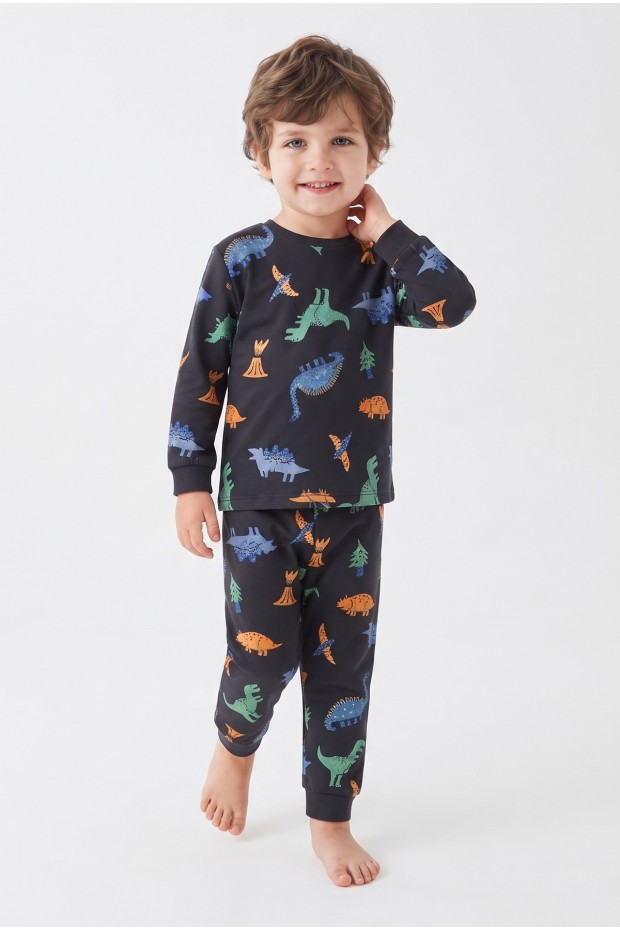 Erkek Bebek Dinozor Desenli %100 Pamuk Süprem Kumaş Reaktif Boyama Uzun Kollu Pijama Takımı 