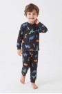 Erkek Bebek Dinozor Desenli %100 Pamuk Süprem Kumaş Reaktif Boyama Uzun Kollu Pijama Takımı 
