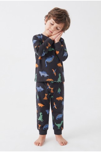 Erkek Bebek Dinozor Desenli %100 Pamuk Süprem Kumaş Reaktif Boyama Uzun Kollu Pijama Takımı 