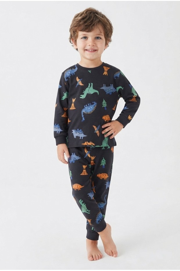 Erkek Bebek Dinozor Desenli %100 Pamuk Süprem Kumaş Reaktif Boyama Uzun Kollu Pijama Takımı 