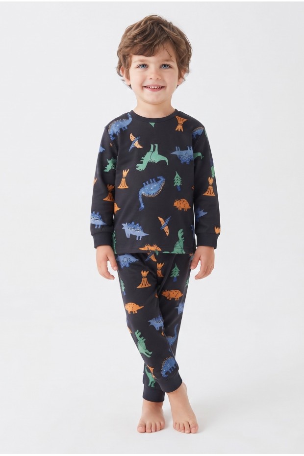 Erkek Bebek Dinozor Desenli %100 Pamuk Süprem Kumaş Reaktif Boyama Uzun Kollu Pijama Takımı 