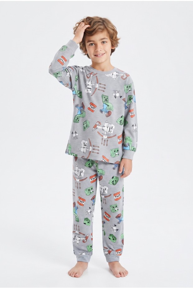 Erkek Çocuk Karakter Baskılı %100 Pamuk Süprem Kumaş Reaktif Boyama Uzun Kollu Pijama Takımı 