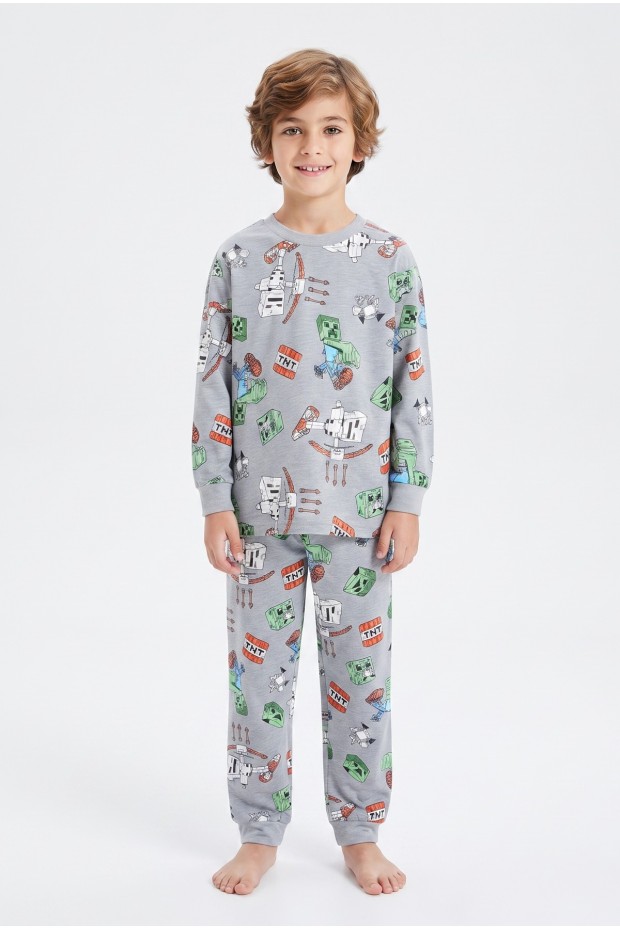 Erkek Çocuk Karakter Baskılı %100 Pamuk Süprem Kumaş Reaktif Boyama Uzun Kollu Pijama Takımı 