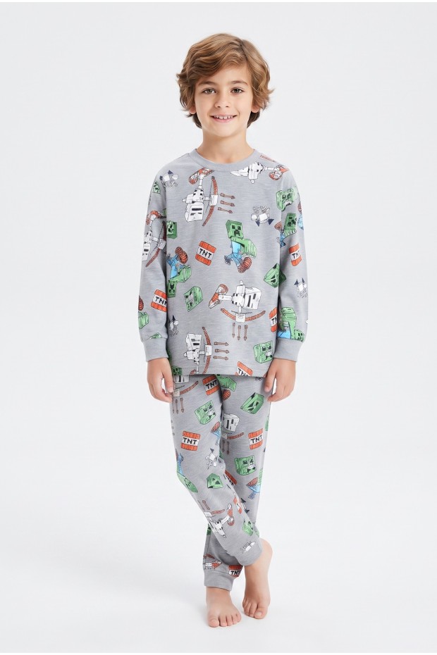 Erkek Çocuk Karakter Baskılı %100 Pamuk Süprem Kumaş Reaktif Boyama Uzun Kollu Pijama Takımı 