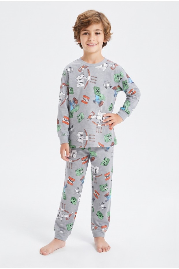 Erkek Çocuk Karakter Baskılı %100 Pamuk Süprem Kumaş Reaktif Boyama Uzun Kollu Pijama Takımı 