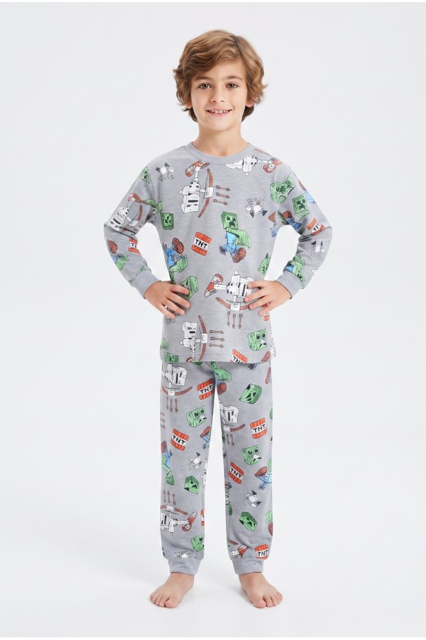 Erkek Çocuk Karakter Baskılı %100 Pamuk Süprem Kumaş Reaktif Boyama Uzun Kollu Pijama Takımı 