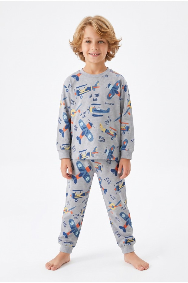 Erkek Çocuk Uçak  Baskılı %100 Pamuk Süprem Kumaş Reaktif Boyama Uzun Kollu Pijama Takımı 