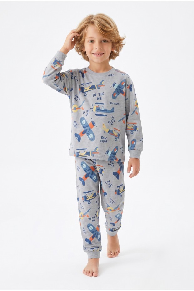 Erkek Çocuk Uçak  Baskılı %100 Pamuk Süprem Kumaş Reaktif Boyama Uzun Kollu Pijama Takımı 