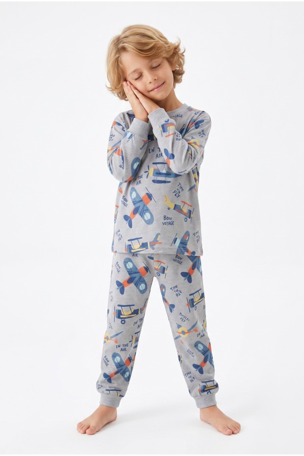 Erkek Çocuk Uçak  Baskılı %100 Pamuk Süprem Kumaş Reaktif Boyama Uzun Kollu Pijama Takımı 