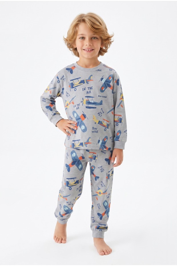 Erkek Çocuk Uçak  Baskılı %100 Pamuk Süprem Kumaş Reaktif Boyama Uzun Kollu Pijama Takımı 