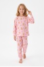 Kız Çocuk Ayıcık ve Kalp Desenli %100 Pamuk Süprem Kumaş Reaktif Boyama Uzun Kollu Pijama Takımı