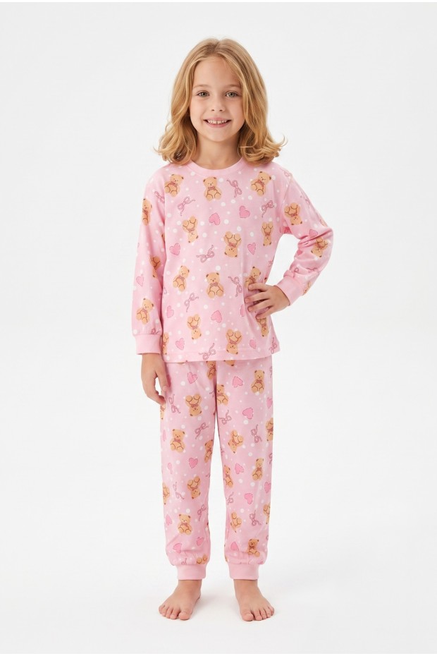 Kız Çocuk Ayıcık ve Kalp Desenli %100 Pamuk Süprem Kumaş Reaktif Boyama Uzun Kollu Pijama Takımı