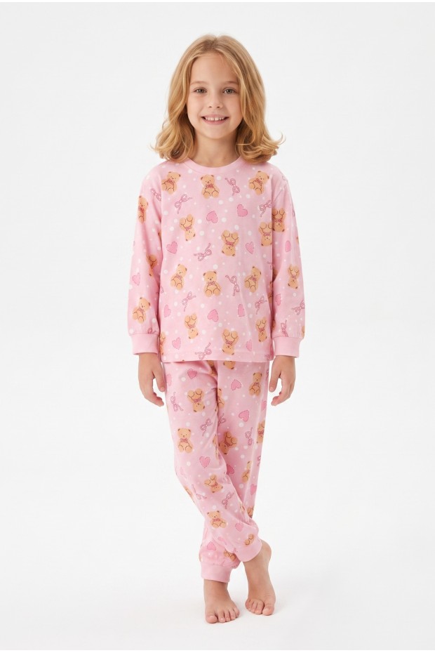 Kız Çocuk Ayıcık ve Kalp Desenli %100 Pamuk Süprem Kumaş Reaktif Boyama Uzun Kollu Pijama Takımı