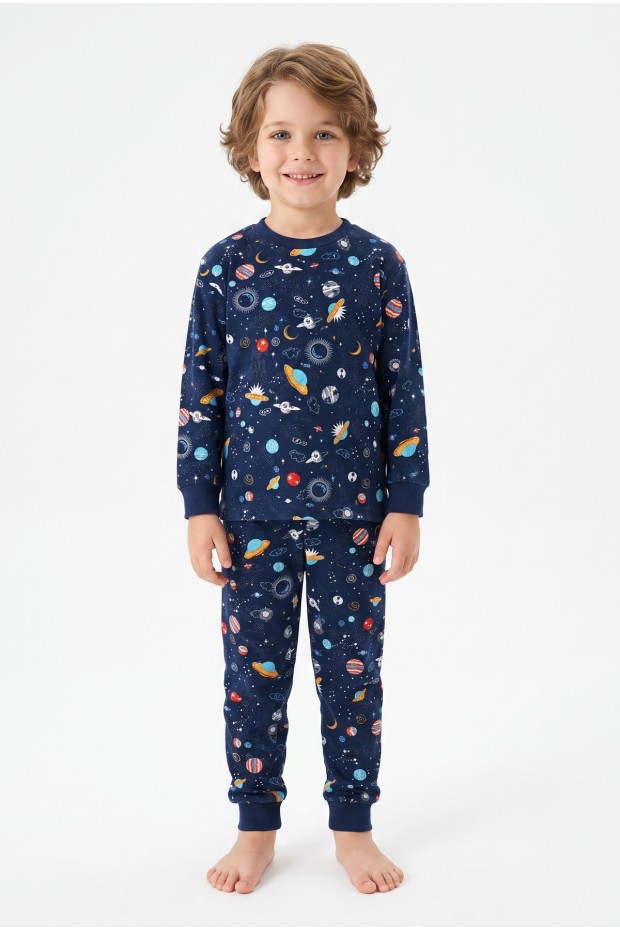 Erkek Çocuk Uzay Ve Astronot Baskılı %100 Pamuk Süprem Kumaş Reaktif Boyama Uzun Kollu Pijama Takımı 