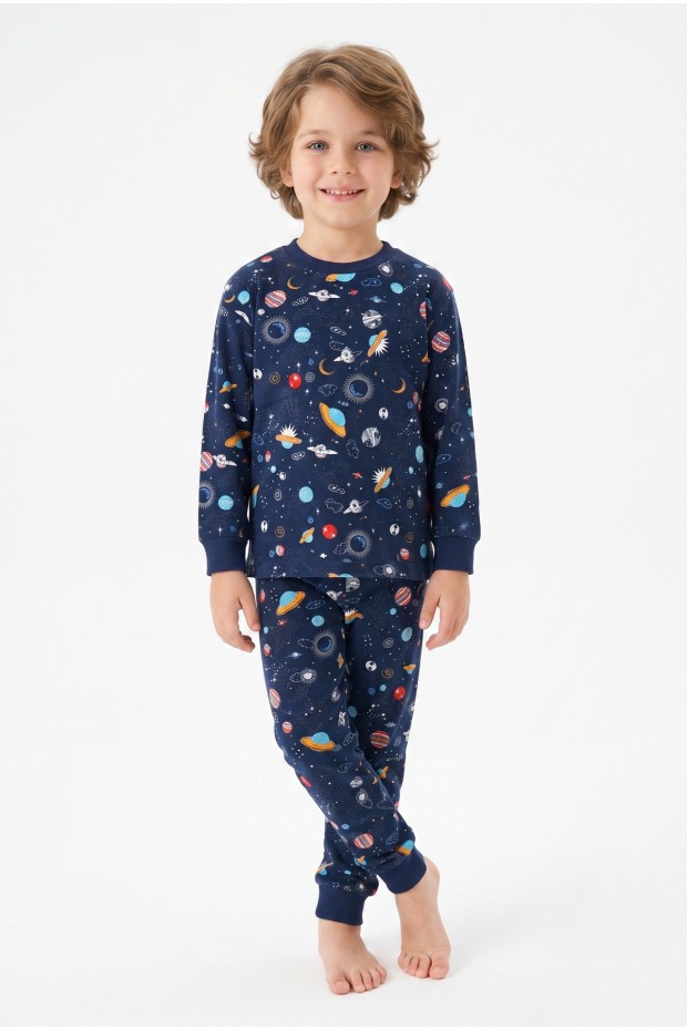 Erkek Çocuk Uzay Ve Astronot Baskılı %100 Pamuk Süprem Kumaş Reaktif Boyama Uzun Kollu Pijama Takımı 