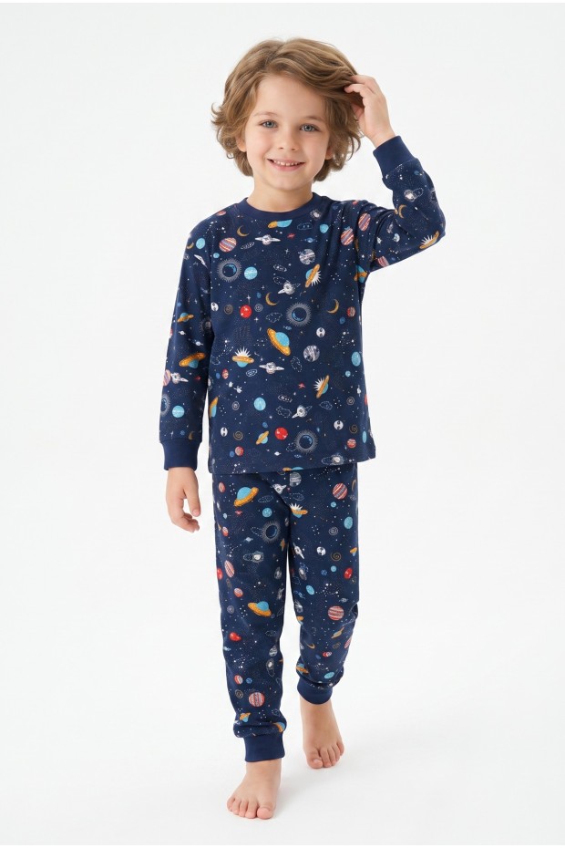 Erkek Çocuk Uzay Ve Astronot Baskılı %100 Pamuk Süprem Kumaş Reaktif Boyama Uzun Kollu Pijama Takımı 