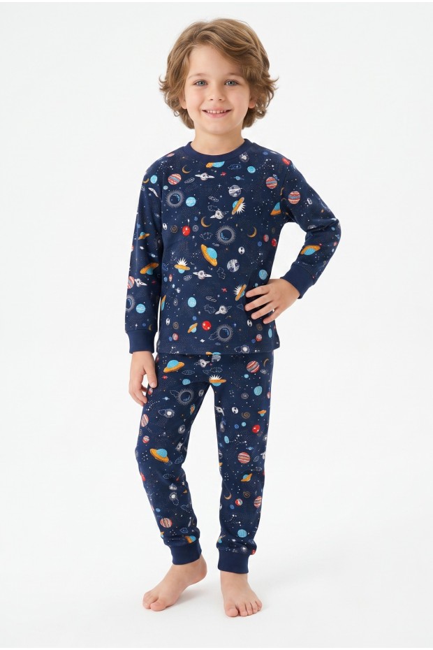Erkek Çocuk Uzay Ve Astronot Baskılı %100 Pamuk Süprem Kumaş Reaktif Boyama Uzun Kollu Pijama Takımı 