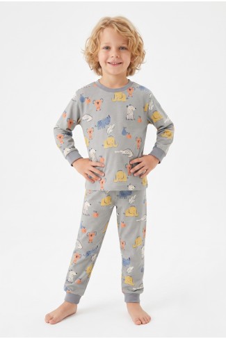 Erkek Çocuk Sevimli Hayvan Desenli %100 Pamuk Reaktif Boyama Süprem Kumaş Uzun Kollu Pijama Takımı