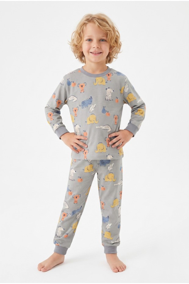 Erkek Çocuk Sevimli Hayvan Desenli %100 Pamuk Reaktif Boyama Süprem Kumaş Uzun Kollu Pijama Takımı