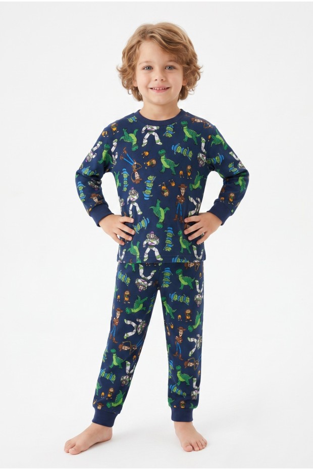 Erkek Çocuk Karakter Baskılı %100 Pamuk Reaktif Boyama Süprem Kumaş Uzun Kollu Pijama Takımı