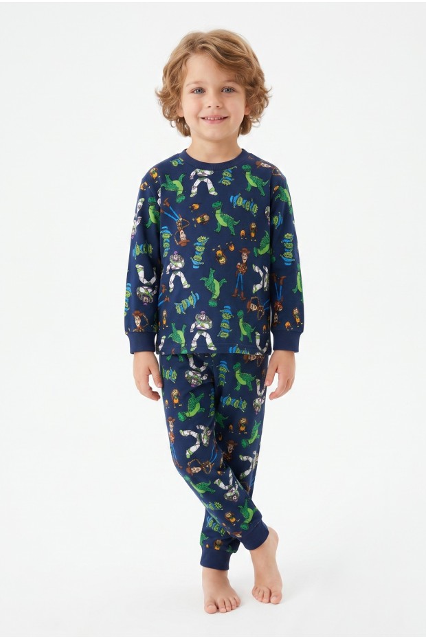 Erkek Çocuk Karakter Baskılı %100 Pamuk Reaktif Boyama Süprem Kumaş Uzun Kollu Pijama Takımı