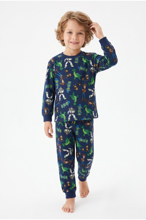 Erkek Çocuk Karakter Baskılı %100 Pamuk Reaktif Boyama Süprem Kumaş Uzun Kollu Pijama Takımı