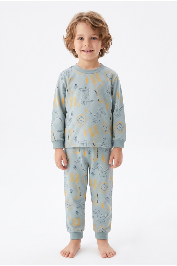 Erkek Çocuk Safari Hayvanları Desenli %100 Pamuk Reaktif Boyama Süprem Kumaş Uzun Kollu Pijama Takımı