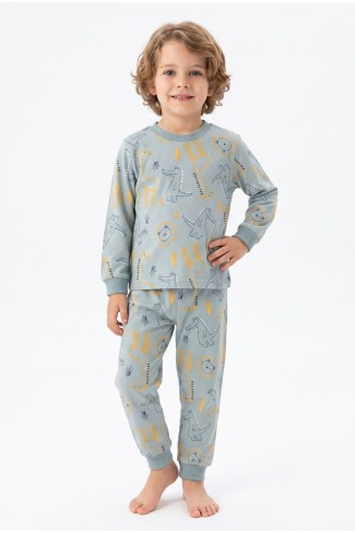 Erkek Çocuk Safari Hayvanları Desenli %100 Pamuk Reaktif Boyama Süprem Kumaş Uzun Kollu Pijama Takımı