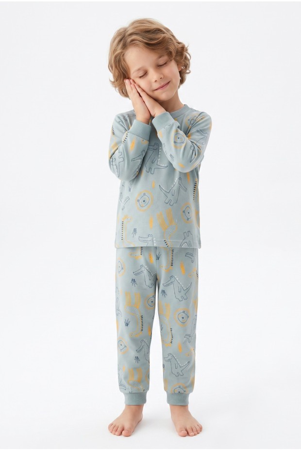 Erkek Çocuk Safari Hayvanları Desenli %100 Pamuk Reaktif Boyama Süprem Kumaş Uzun Kollu Pijama Takımı