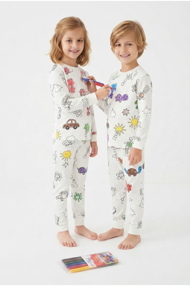 Üniseks Çocuk Boyanabilir Desenli %100 Pamuk Süprem Kumaş Uzun Kollu Pijama Takımı