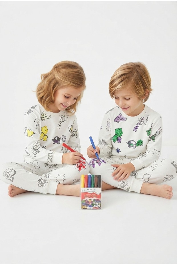 Üniseks Çocuk Boyanabilir Desenli %100 Pamuk Süprem Kumaş Uzun Kollu Pijama Takımı
