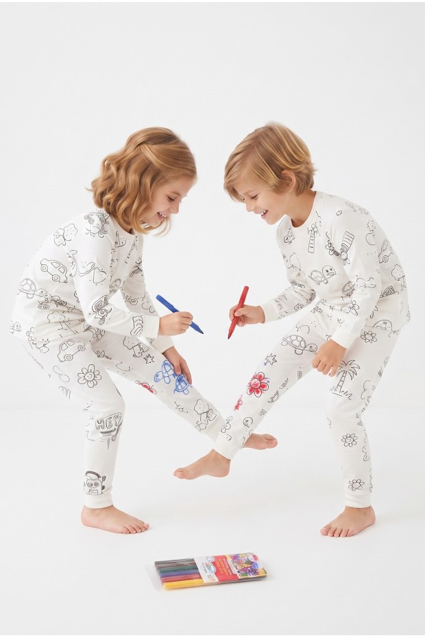 Üniseks Çocuk Boyanabilir Desenli %100 Pamuk Süprem Kumaş Uzun Kollu Pijama Takımı