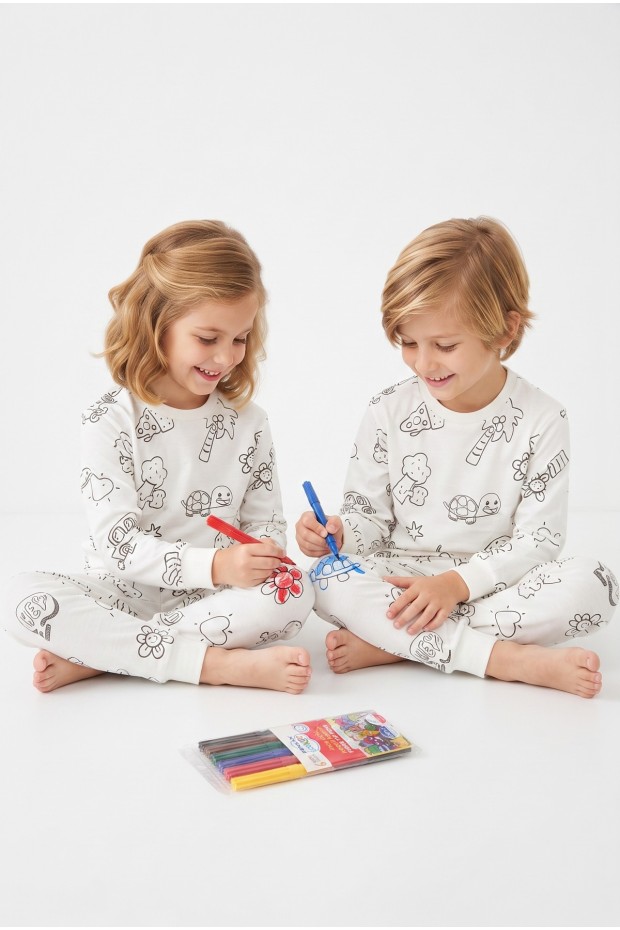 Üniseks Çocuk Boyanabilir Desenli %100 Pamuk Süprem Kumaş Uzun Kollu Pijama Takımı
