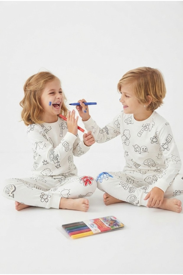 Üniseks Çocuk Boyanabilir Desenli %100 Pamuk Süprem Kumaş Uzun Kollu Pijama Takımı