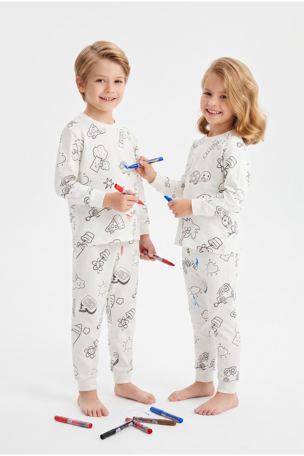 Üniseks Çocuk Boyanabilir Desenli %100 Pamuk Süprem Kumaş Uzun Kollu Pijama Takımı