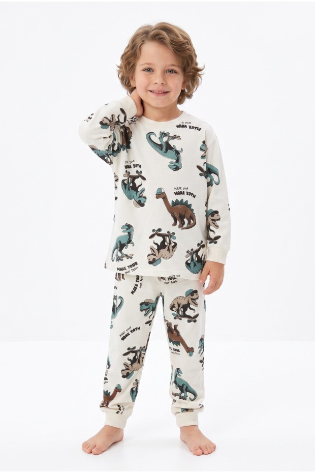 Erkek Çocuk Dinozor Baskılı  %100 Pamuk Reaktif Boyalı Süprem Kumaş Uzun Kollu Pijama Takımı