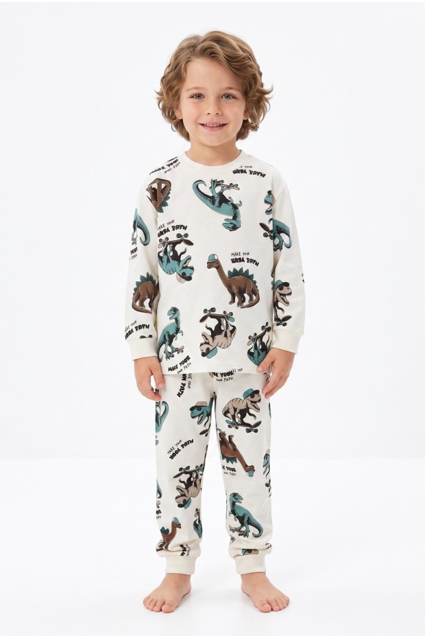 Erkek Çocuk Dinozor Baskılı  %100 Pamuk Reaktif Boyalı Süprem Kumaş Uzun Kollu Pijama Takımı