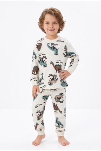 Erkek Çocuk Dinozor Baskılı  %100 Pamuk Reaktif Boyalı Süprem Kumaş Uzun Kollu Pijama Takımı