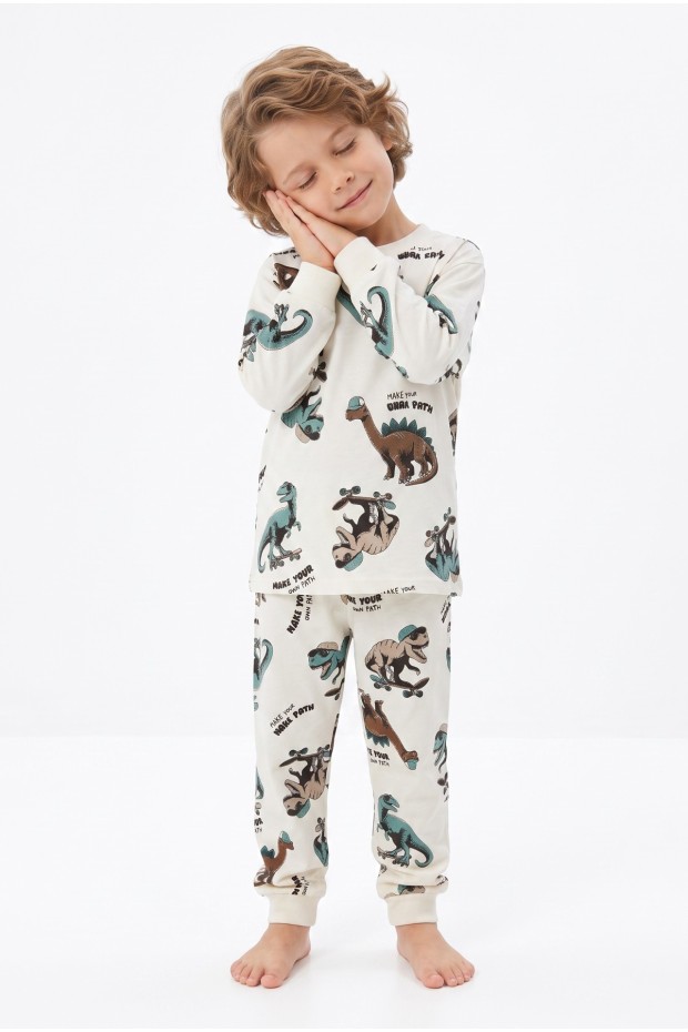 Erkek Çocuk Dinozor Baskılı  %100 Pamuk Reaktif Boyalı Süprem Kumaş Uzun Kollu Pijama Takımı