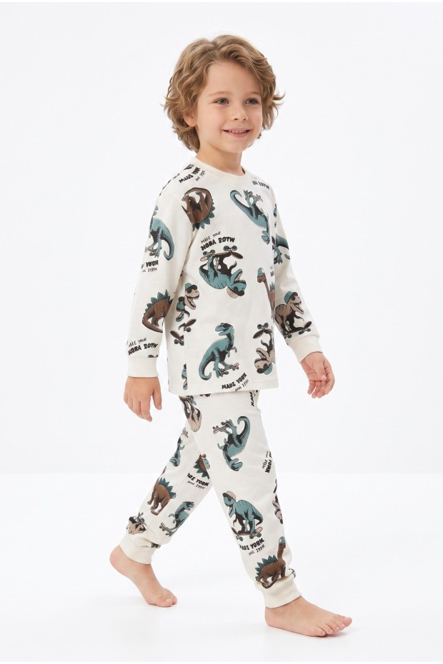 Erkek Çocuk Dinozor Baskılı  %100 Pamuk Reaktif Boyalı Süprem Kumaş Uzun Kollu Pijama Takımı