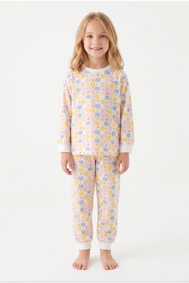 Kız Çocuk Kareli Çiçek Baskılı %100 Pamuk Süprem Kumaş Reaktif Boyama Uzun Kollu Pijama Takımı