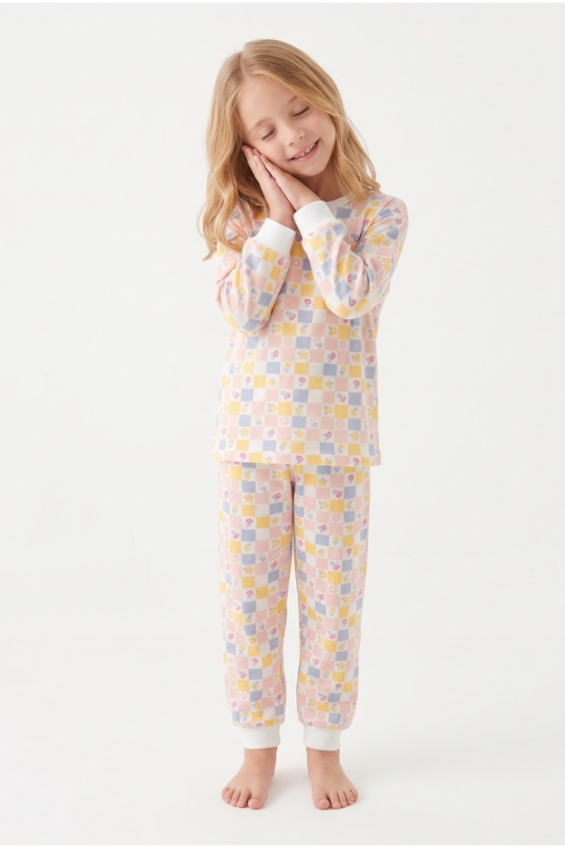 Kız Çocuk Kareli Çiçek Baskılı %100 Pamuk Süprem Kumaş Reaktif Boyama Uzun Kollu Pijama Takımı